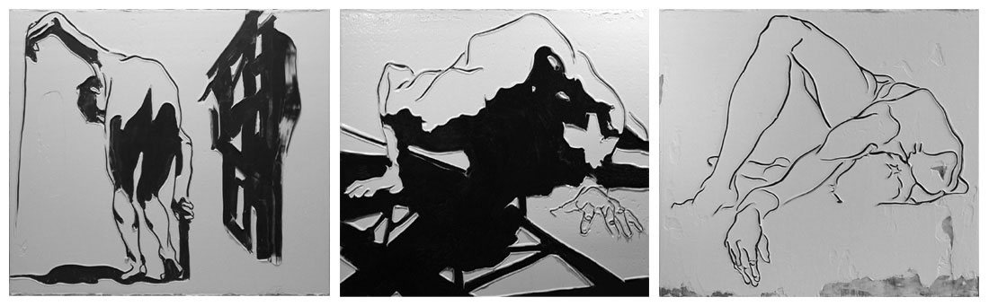 1-Adam Markovic, Bent On Progress, 2014, acrilico e pasta modellante su tavola, 182x162cm 2-Adam Markovic, Grip and Flood, 2014, acrilico e pasta modellante su tavola, 182x162cm 3-Adam Markovic, CrescendoDecrescendo, 2014, acrilico e pasta modellante su tavola, 182x162cm